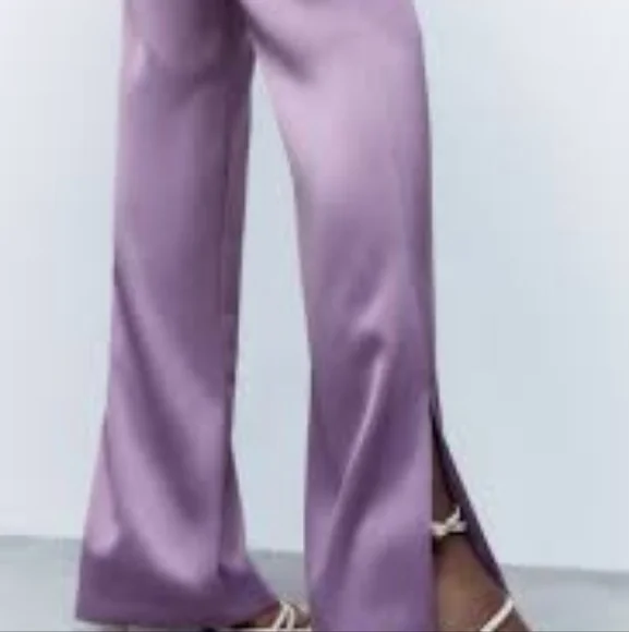 Zara flare satin effects pants side slit lilac size M BNWT - Picture 2 of 6